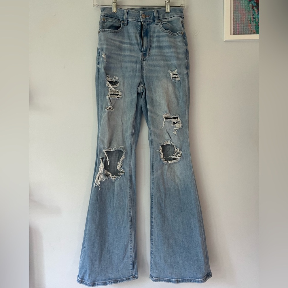 American Eagle Outfitters Light Blue Distressed Flare Jeans